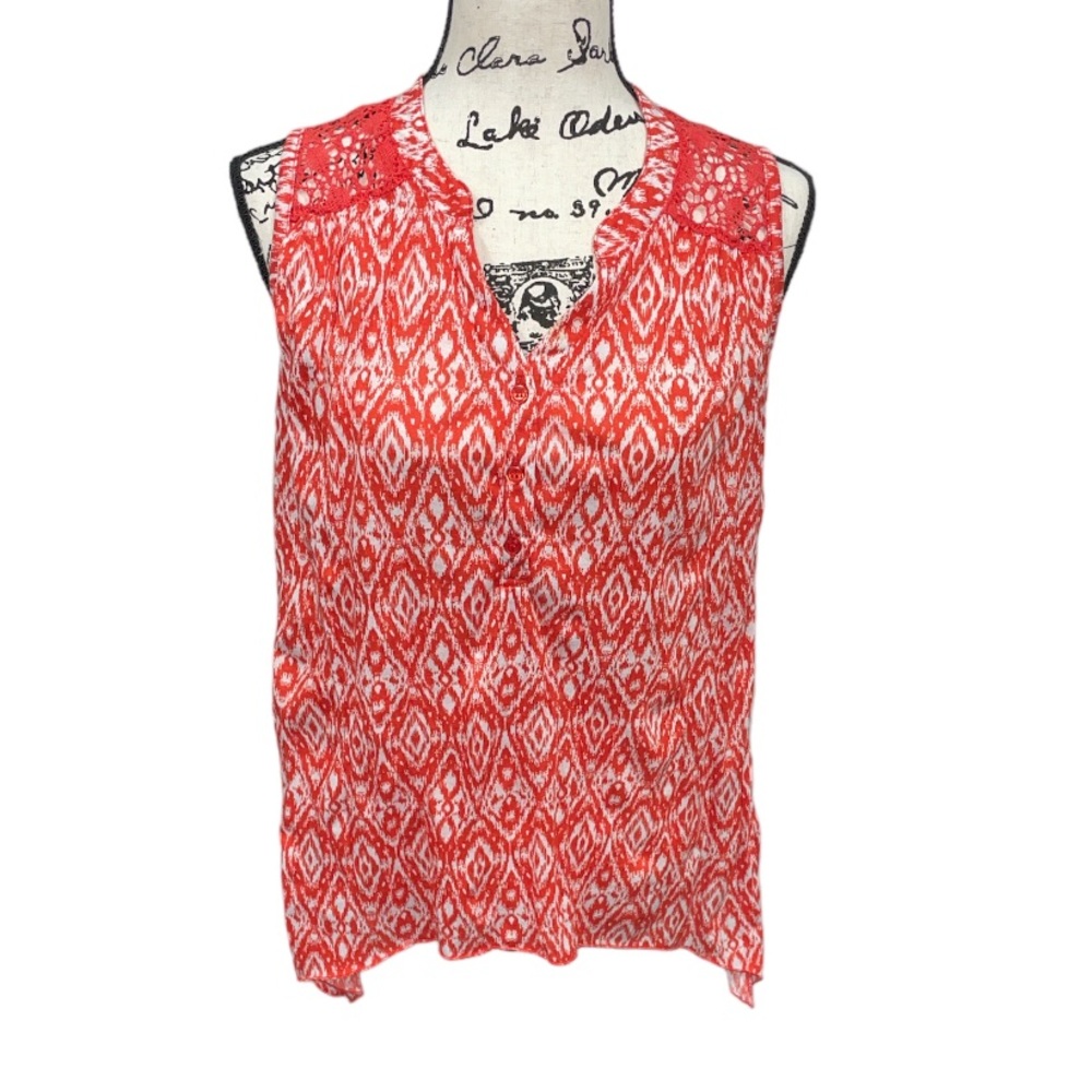 French Laundry Women’s Small Red White Boho Lace Back Sleeveless Blouse